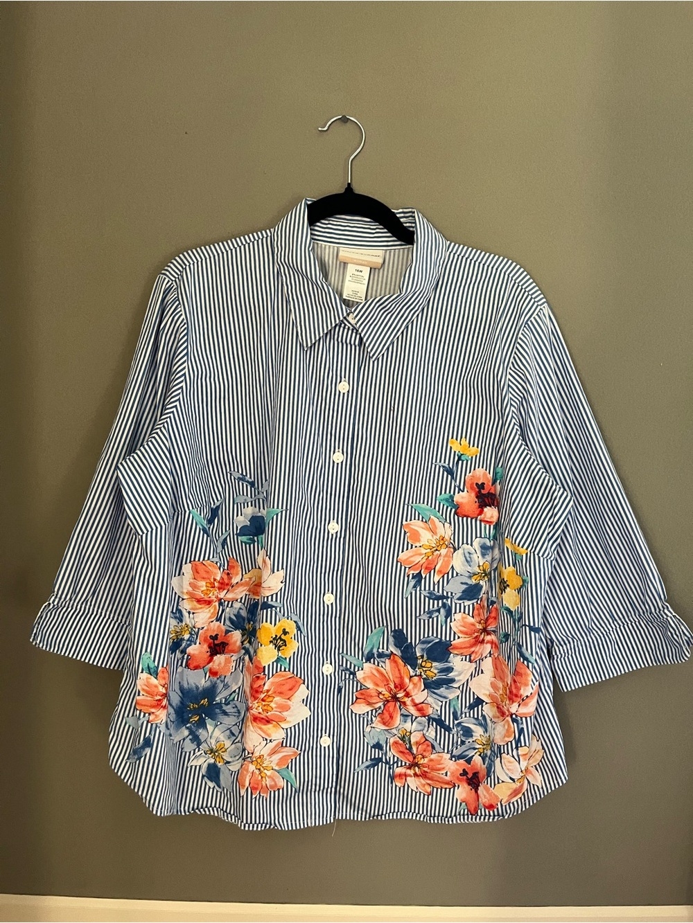 Alfred Dunner Blue & White Striped Button-Down Shirt Blouse Floral Print Cotton